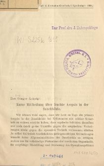 Kurze Mittheilung &uuml;ber feuchte Asepsis in der Bauchh&ouml;hle